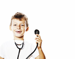 Image showing little cute boy with stethoscope playing like adult profession d