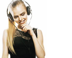 Image showing young sweet talented teenage girl in headphones singing isolated