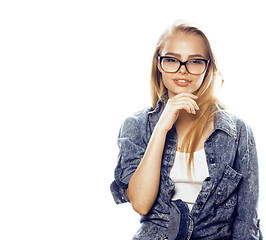 Image showing young pretty girl teenager in glasses on white isolated blond ha