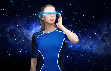 Image showing woman in virtual reality 3d glasses over black