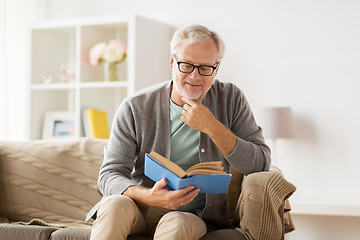 Image showing senior man on sofa reading book at home