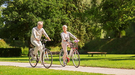 Image showing happy senior couple riding bicycles at summer park