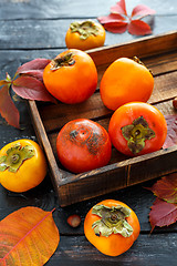 Image showing Ripe persimmon and colorful leaves.