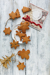 Image showing Christmas cookies,tree and greeting card.