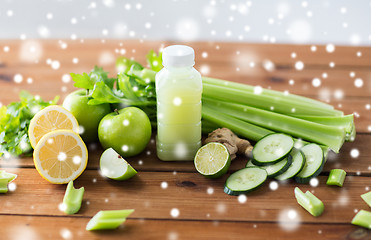 Image showing bottle with green juice, fruits and vegetables