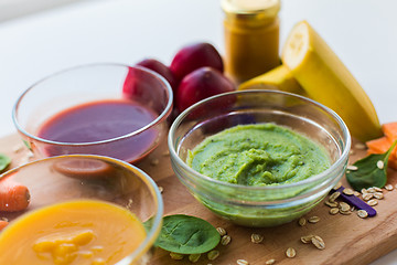 Image showing vegetable puree or baby food in glass bowls