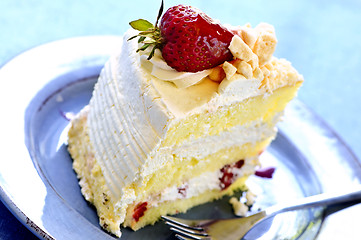 Image showing Slice of strawberry meringue cake
