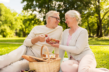 Image showing senior couple with strawberries at picnic in park