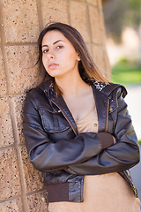 Image showing Beautiful Meloncholy Mixed Race Young Woman Portrait Outside.