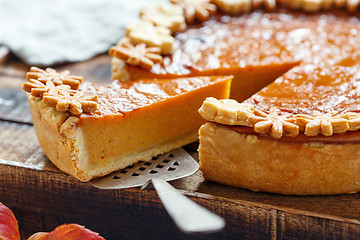 Image showing Piece of traditional American pumpkin pie.