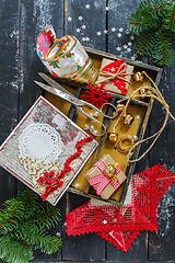 Image showing Homemade Christmas gifts with tools and decorations.