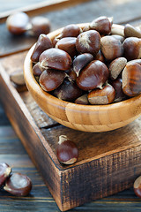 Image showing Raw chestnuts in a wooden bowl.