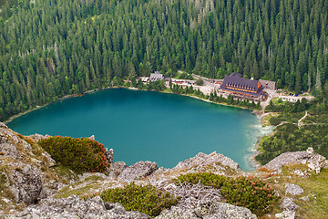 Image showing Popradske pleso lake with touristic shell house