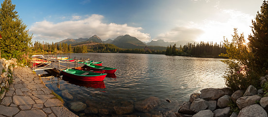 Image showing Boat station on lake Strbske pleso near High Tatra Mountains