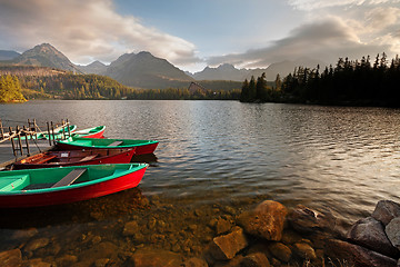 Image showing Boat station on lake Strbske pleso near High Tatra Mountains