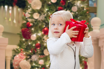 Image showing Happy Young Girl Holding Gift Box In Front of Decorated Christma