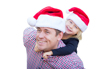 Image showing Happy Father and Daughter Wearing Santa Hats Isolated on White B