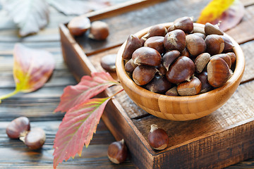 Image showing Ripe chestnuts in a wooden bowl.