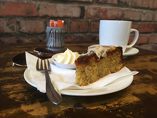 Image showing Morning tea break cafe coffee and cake