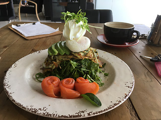 Image showing Zucchini sweet potato fritters with avocado poached eggs and sal