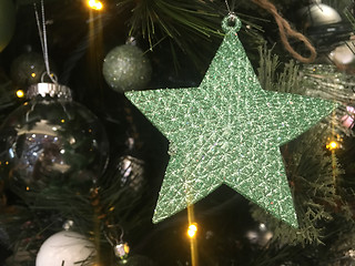 Image showing Green glitter encrusted star hanging on a Christmas tree