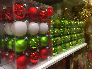 Image showing Boxes of Christmas tree baubles ready for purchase