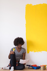 Image showing back female painter sitting on floor