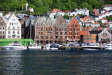 Image showing BERGEN HARBOR, NORWAY - MAY 27, 2017: Private boats on a row alo