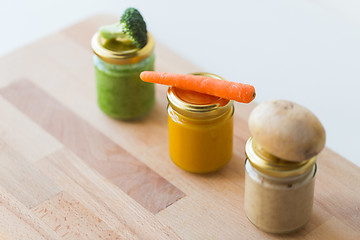 Image showing vegetable puree or baby food in glass jars