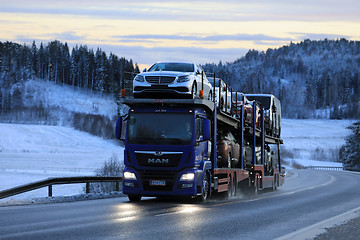 Image showing MAN TGS Car Carrier Winter Dusk Transport