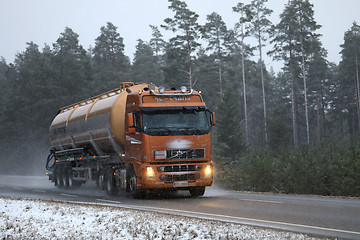 Image showing Volvo Semi Tanker in Blizzard