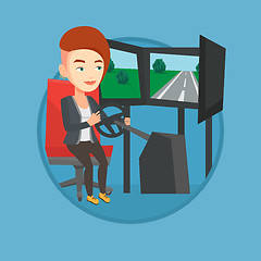 Image showing Woman playing video game with gaming wheel.