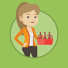 Image showing Woman with pack of beer vector illustration.