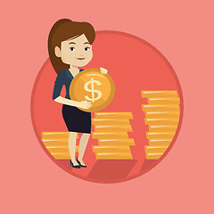 Image showing Successful business woman with dollar coin.