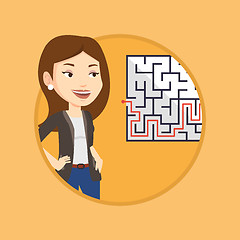 Image showing Business woman looking at labyrinth with solution