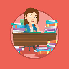 Image showing Student sitting at the table with piles of books.