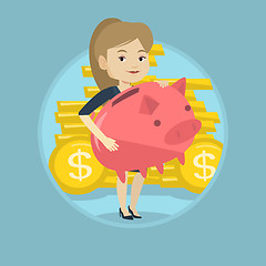 Image showing Business woman holding big piggy bank.