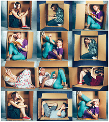 Image showing Introvert concept. Collage of man and women sitting inside box