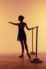 Image showing The young ballerina stretching on the bar