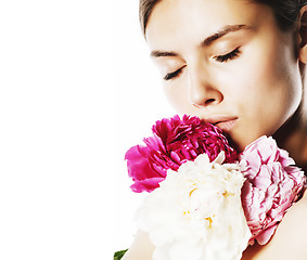 Image showing young beauty woman with flower peony pink closeup makeup soft te