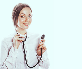 Image showing young pretty woman doctor with stethoscope on white background 