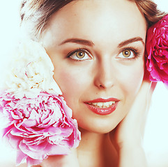 Image showing young beauty woman with flower peony pink closeup makeup soft te