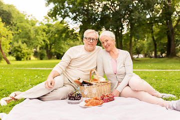 Image showing happy senior couple having picnic at summer park