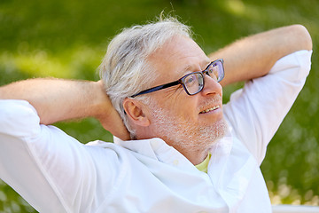 Image showing happy senior man in glasses sitting at summer park