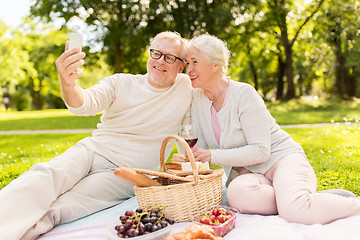 Image showing senior couple taking selfie at picnic in park