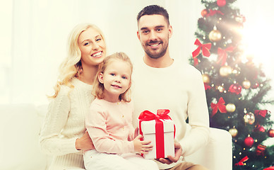 Image showing happy family at home with christmas gift box