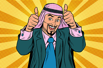 Image showing Two thumbs up, Emotional Arabic joyful businessman