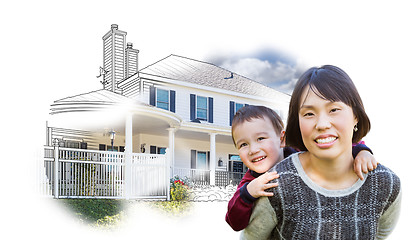 Image showing Chinese Mother and Mixed Race Child In Front of House Drawing on