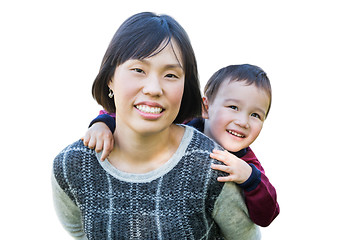 Image showing Chinese Mother and Mixed Race Child Isolated on a White Backgrou