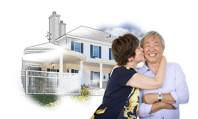 Image showing Happy Chinese Senior Couple Kissing In Front of House Drawing on